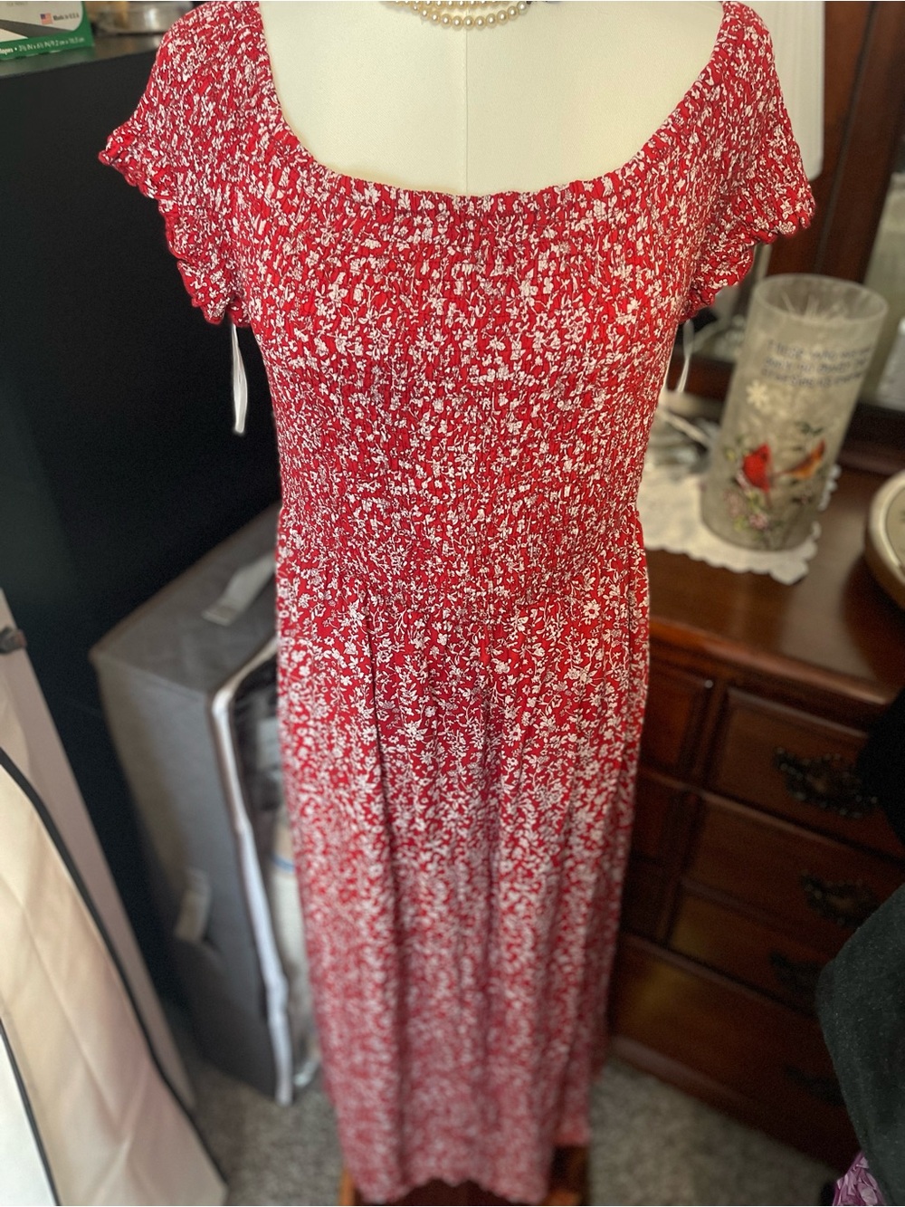 Red Floral Smocked Maxi Dress - Women